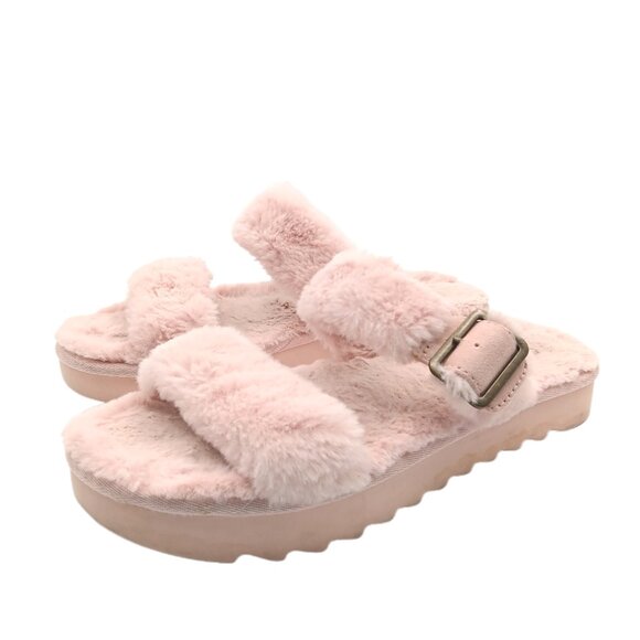 Koolaburra by UGG Slides Womens 8 Pink Faux Fur 2-Band Buckle Flatform Sandals - Picture 1 of 5